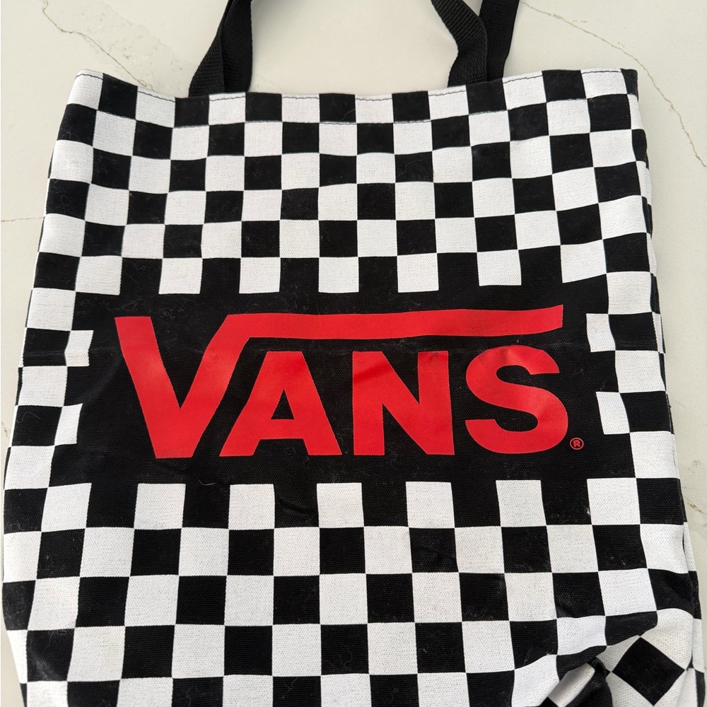 Vans Black & White Checkerboard Tote with Red Logo
